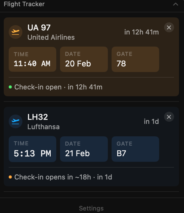Flight Tracker expanded — multiple flights showing gate, departure time, and check-in status