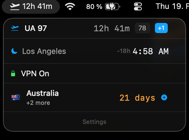 Menubar view — next flight countdown visible in the status bar alongside other modules