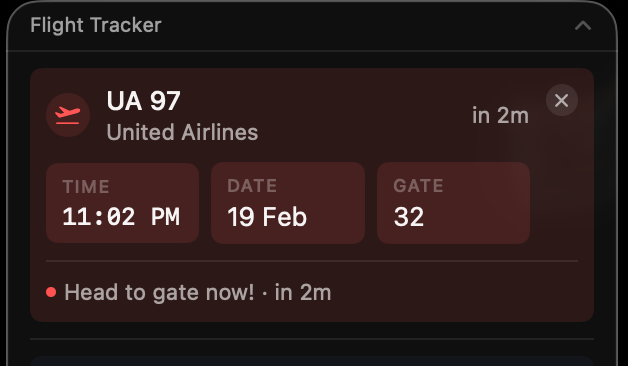 Urgent gate alert — tracker turns red when boarding is about to close