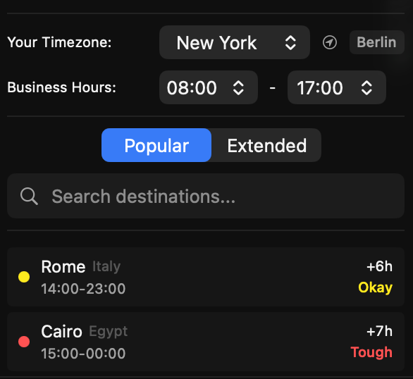 Timezone Scout — New York timezone, Rome rated Okay at +6h, Cairo rated Tough at +7h