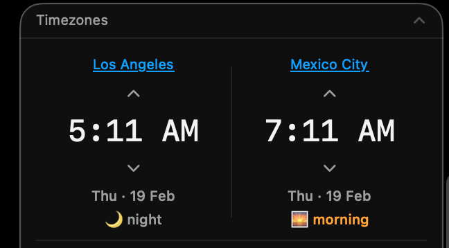 Side-by-side timezone comparison with date and time-of-day