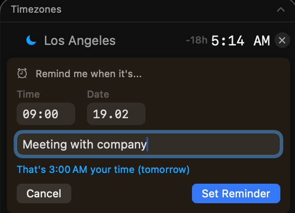 Set reminder in someone else's timezone — auto-converts to yours
