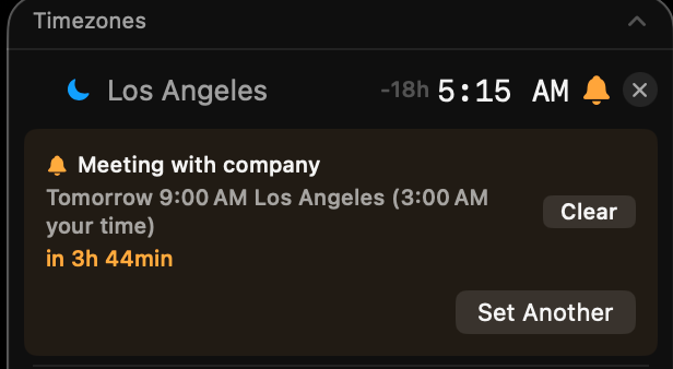 Reminder confirmed — shows both timezones and countdown
