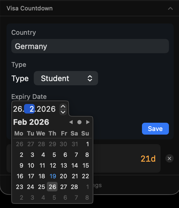 Add visa form — country, type, and expiry date picker