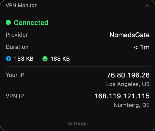 VPN Monitor panel — connected status, provider, real IP and VPN IP